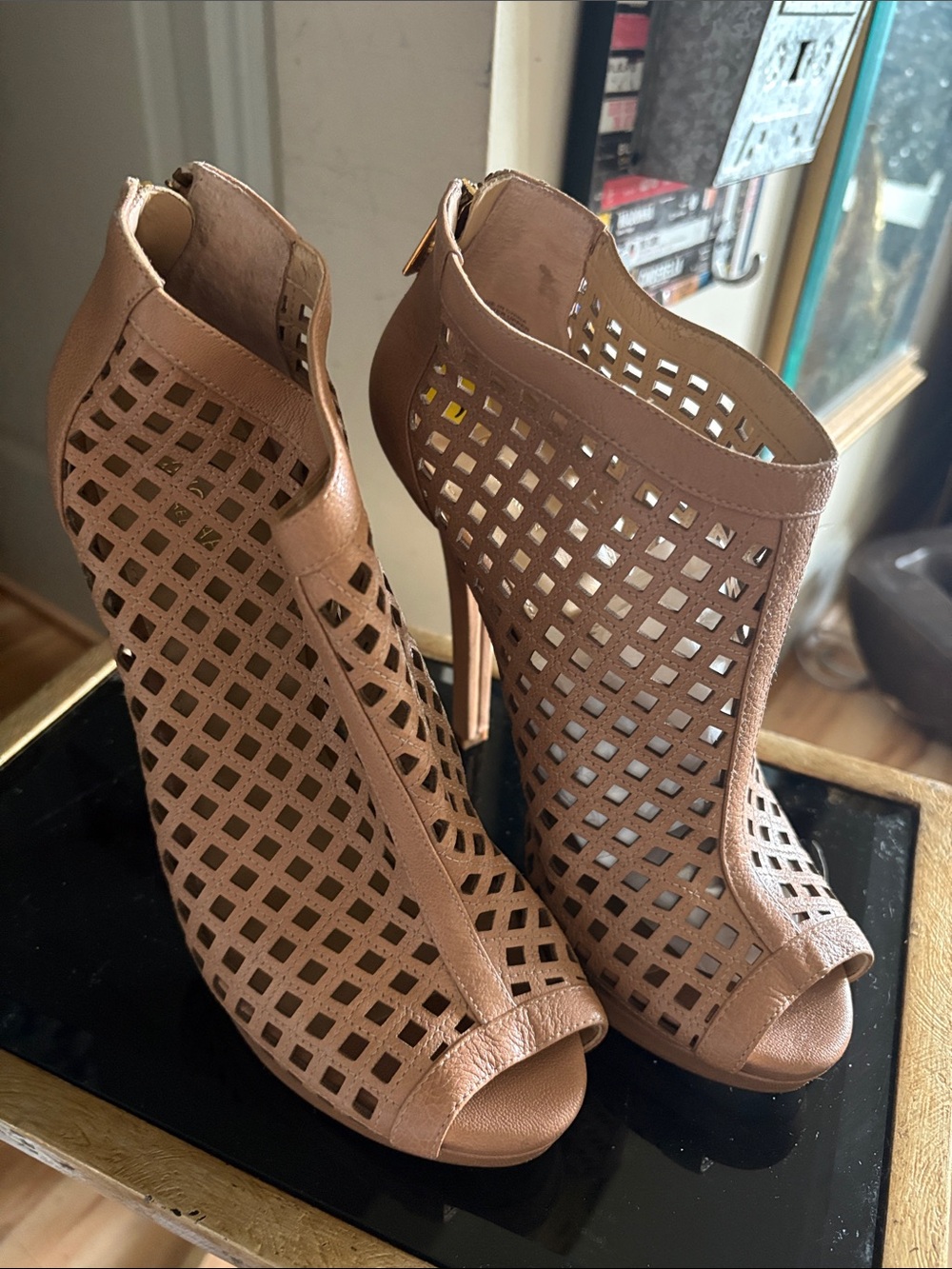 Michael Kors Taupe Laser-Cut Peep-Toe Stiletto Booties
